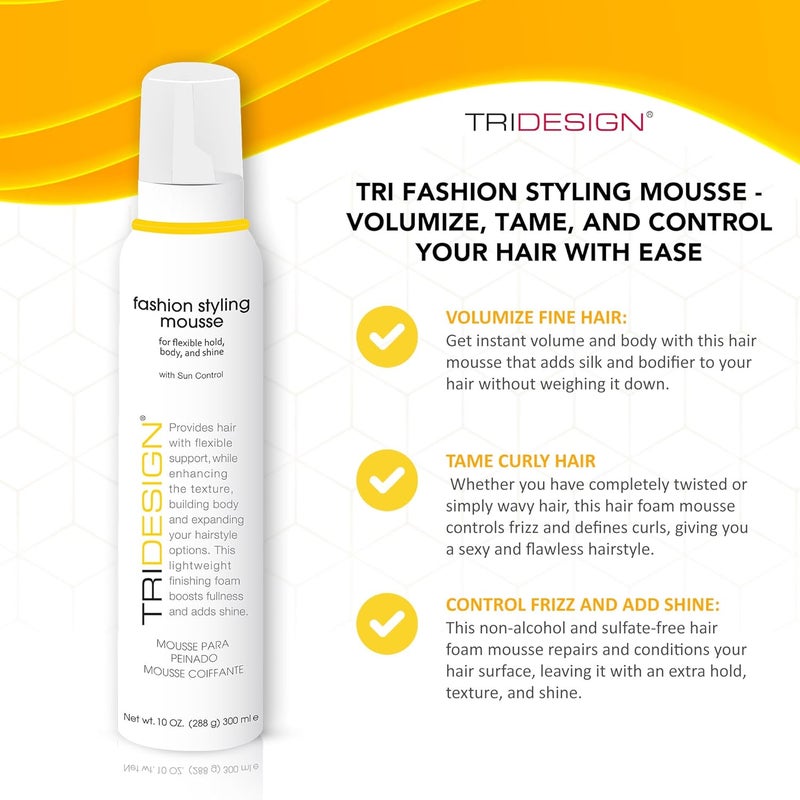 TRIDESIGN Tri Fashion Styling Mousse - 10 Fluid Ounce for Flexible Hold, Body, and Shine - Image 2